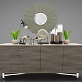 Modern Wooden TV Stand With Decorative Mirror Table Lamp And Potted Plants
