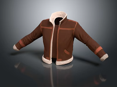 Brown Jacket With White Fur Collar Warm Lining And Red Trim Stylish Winter Design 3d model