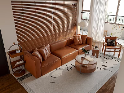 Modern Leather Sofa And Round Coffee Table Set With Pillows And Wooden Blinds 3d model