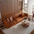 Modern Leather Sofa And Round Coffee Table Set With Pillows And Wooden Blinds