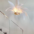Modern Apartment With Glass Railing Staircase Sofa Colorful Pillows Chandelier Green Plants And Marble Floor