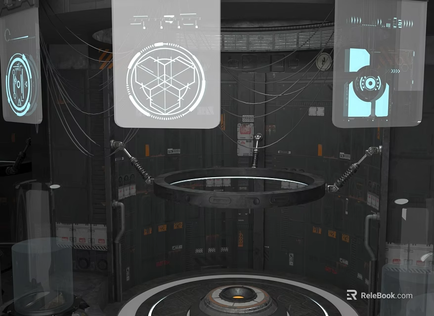Scientist Interacting With Alien Creature In Space Station Lab With Holographic Rings 3d model 