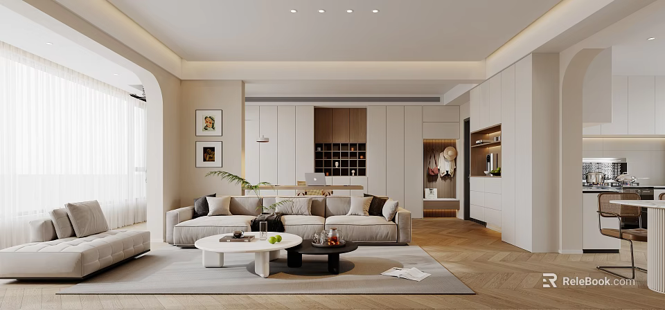 Modern Living Dining Room Interior Design With Sofa Coffee Tables Artwork And Lighting 3d model 