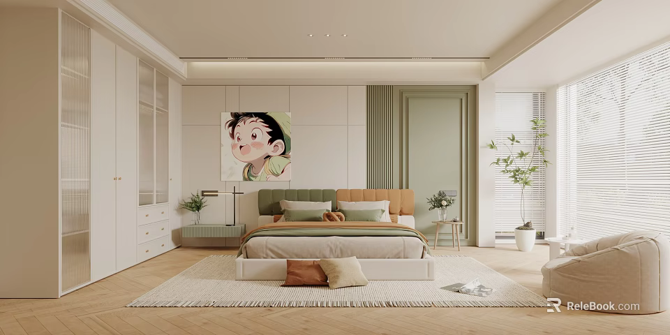 Modern Bedroom Interior Design With Bed Pillows Wall Painting Plants And Soft Rug 3d model 
