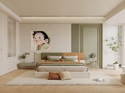 Modern Bedroom Interior Design With Bed Pillows Wall Painting Plants And Soft Rug 3d model