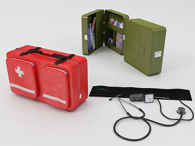 Essential Medical Equipment With First Aid Kits Stethoscope And Blood Pressure Cuff 3d model