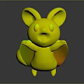 Cartoon Creature 3D Model With Gray White Body Yellow Ears Wings Open Mouth Cheerful Pose