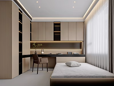 Modern Tatami Bedroom Interior Design With Desk Chair Bookshelf And Cabinets 3d model