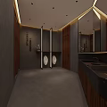 Modern Public Toilet Design With Wooden Details Dark Grey Tiles And Warm Ambient Lighting