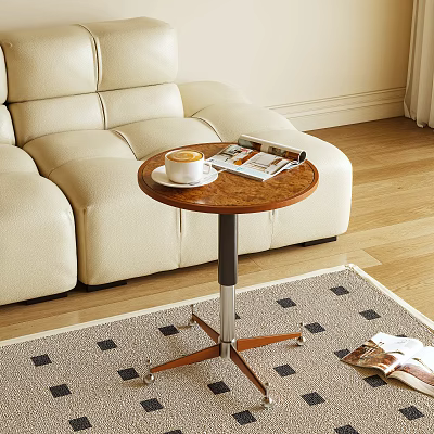 Round Side Table With Wooden Top Metal Base Coffee Cup And Magazine Near Cream Sofa 3d model