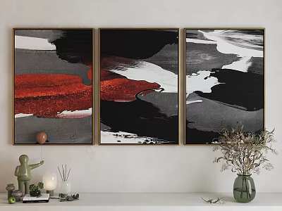 Abstract Black White Red Paintings Hanging On Wall With Decorative Shelf Items 3d model