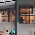 Modern Decorative Cabinet with Glass Doors Wooden Shelves Books and Interior Lighting