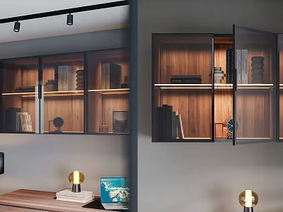 Modern Decorative Cabinet with Glass Doors Wooden Shelves Books and Interior Lighting 3d model