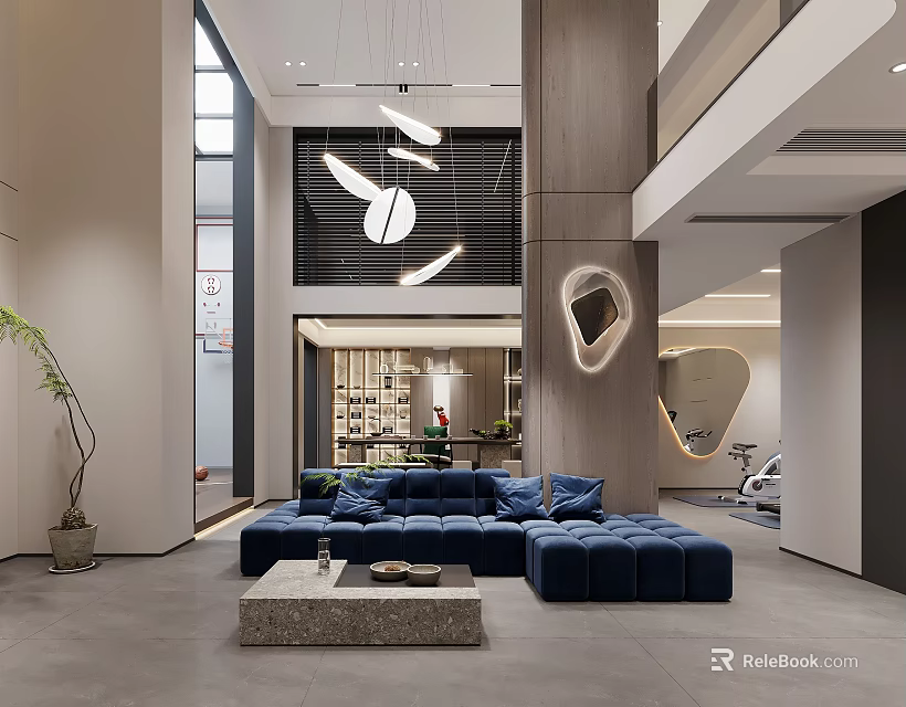 Modern Basement Space With Blue Sofa And Artistic Lights 3d model