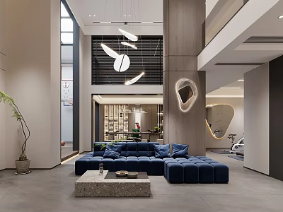 Modern Basement Space With Blue Sofa And Artistic Lights 3d model