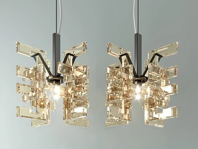 Modern Geometric Chandeliers With Transparent Gold Shapes And Lit Bulbs On Light Gray Background 3d model