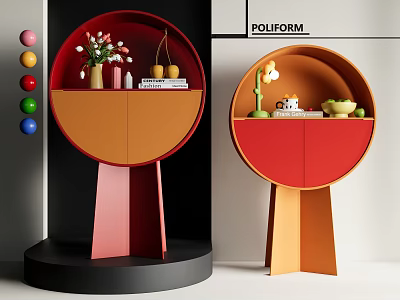Modern Round Design Decorative Cabinet in Red and Orange with Decorative Ornaments on Black Base 3d model