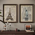 Abstract Paintings Featuring Eiffel Tower Statue of Liberty with Map Texture Background in Brown Frames 3d model