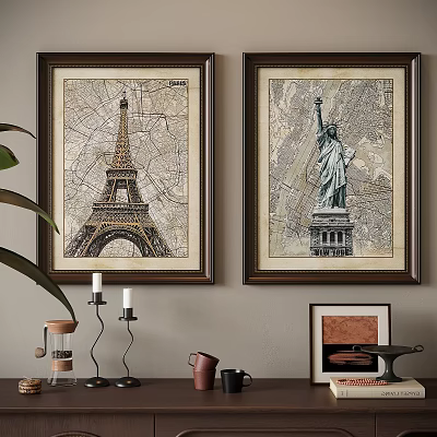 Abstract Paintings Featuring Eiffel Tower Statue of Liberty with Map Texture Background in Brown Frames 3d model