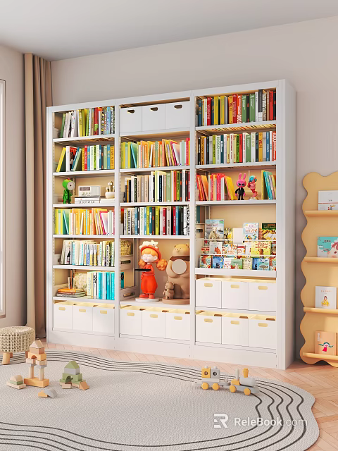 Modern Large Capacity White Bookcase Full Of Various Books And Cute Decorative Storage Boxes 3d model 