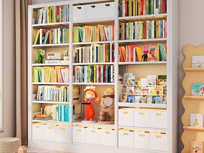 Modern Large Capacity White Bookcase Full Of Various Books And Cute Decorative Storage Boxes 3d model