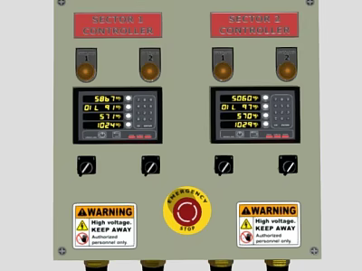 Industrial Control Panel With Dual Sector Controllers Display Screens Warning Labels And Emergency Stop 3d model