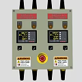 Industrial Control Panel With Dual Sector Controllers Display Screens Warning Labels And Emergency Stop