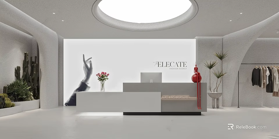 Telecate Clothing Store Modern Interior With Round Skylight White Walls Reception Desk Flower Vase And Plants 3d model 