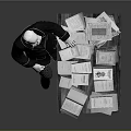 Game Movie Character White Haired Bearded Sitting At Wooden Desk With Stacked Papers And Books
