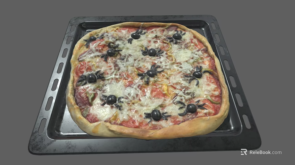 Halloween Spider Decorated Pizza On Black Baking Tray With Melted Cheese 3d model 