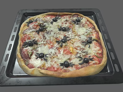 Halloween Spider Decorated Pizza On Black Baking Tray With Melted Cheese 3d model