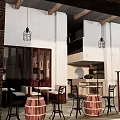 Cozy Restaurant Interior With Wooden Beams Hanging Lanterns And Bar Counter