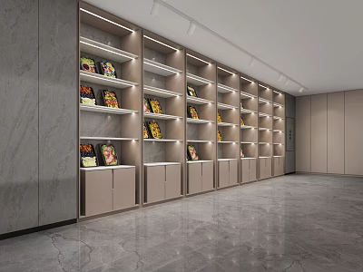 Modern Display Shelves with Neatly Arranged Products in Spacious Interior and LED Lighting 3d model