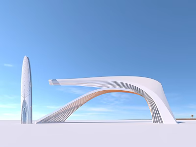 Modern Curved White Entrance Gate With Tall Tower And Blue Sky 3d model