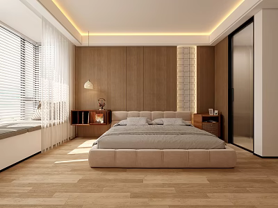 Modern Bedroom Interior with Wooden Wall Large Bed Wooden Flooring Blinds and Bedside Lamp 3d model