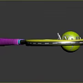 Tennis Racket with Yellow Frame Pink Handle and Green Tennis Ball on Dark Background