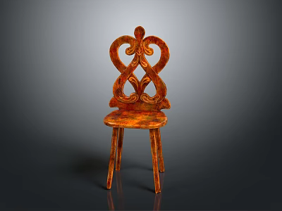Decorative Wooden Chair With Carved Curved Backrest And Orange Red Finish 3d model