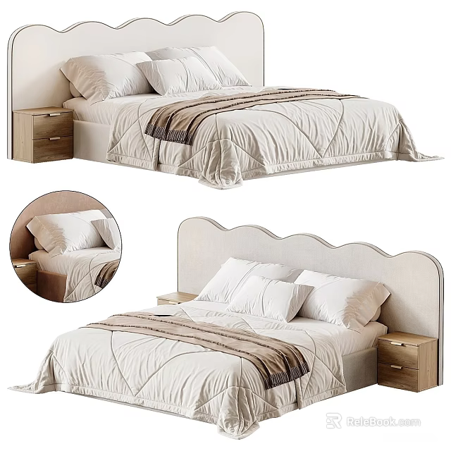 Modern Double Bed With Scalloped Headboard Soft Bedding And Wooden Nightstand 3d model 
