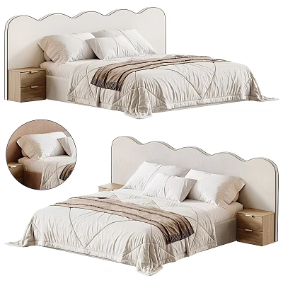 Modern Double Bed With Scalloped Headboard Soft Bedding And Wooden Nightstand 3d model