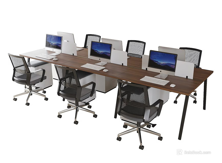 Modern Office Desks In Workspace With Computers Monitors And Ergonomic Chairs 3d model