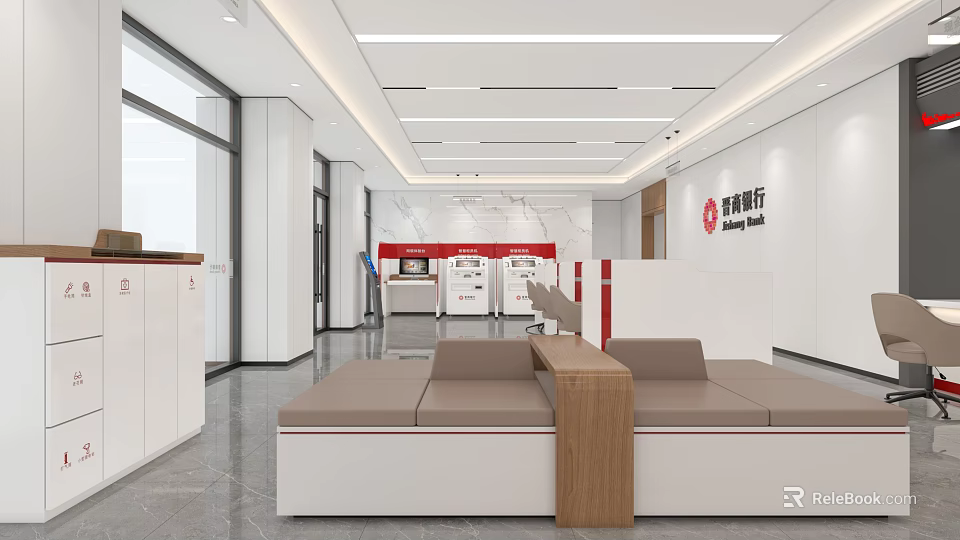 Dongguan Bank Modern Lobby Interior With Waiting Area Sofas And Self Service Devices 3d model 