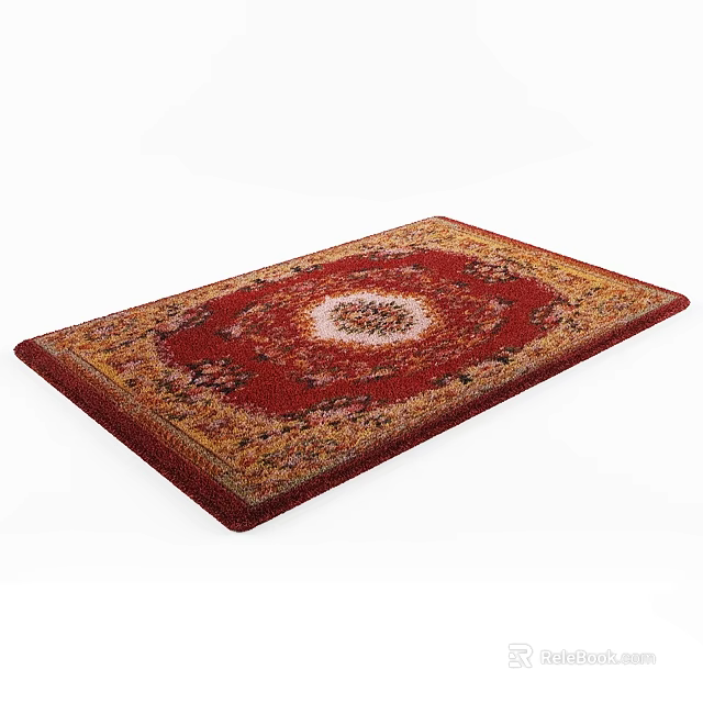 Square Rug with red beige background and intricate central circular floral pattern 3d model