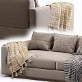 Comfortable Beige Multi Seater Sofa With Plaid Striped Blankets And Decorative Pillows