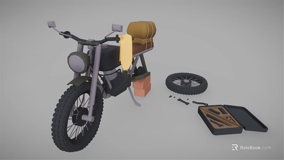 Vintage Motorcycle Being Repaired With Detached Wheel Tools And Brown Seat Bag 3d model 