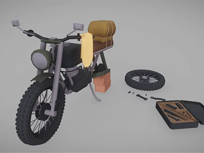 Vintage Motorcycle Being Repaired With Detached Wheel Tools And Brown Seat Bag 3d model