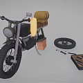 Vintage Motorcycle Being Repaired With Detached Wheel Tools And Brown Seat Bag