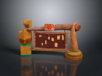 Traditional Wooden Decorative Structure With Wooden Pillars Red Emblem And Small Square Panels 3d model