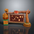 Traditional Wooden Decorative Structure With Wooden Pillars Red Emblem And Small Square Panels