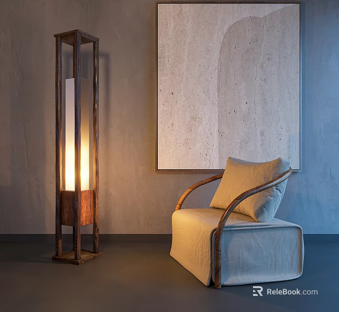 Modern Linen Leisure Chair With Armrest And Floor Lamp By Gray Wall With Abstract Painting 3d model 