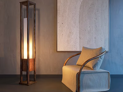 Modern Linen Leisure Chair With Armrest And Floor Lamp By Gray Wall With Abstract Painting 3d model